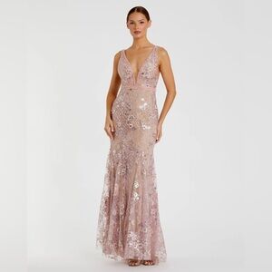 NWT Mac Duggal Pink Floral Embellished Sleeveless Plunge Neck Gown Size 12